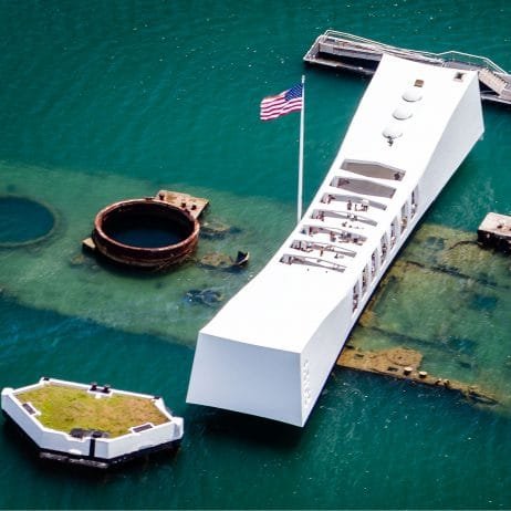 Breathtaking aerial view of the USS Arizona Memorial in Pearl Harbor, Hawaii.